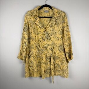 Soji Blouse Womens Medium Yellow Allover Print 3/4 Sleeve Tie Waist Button Front